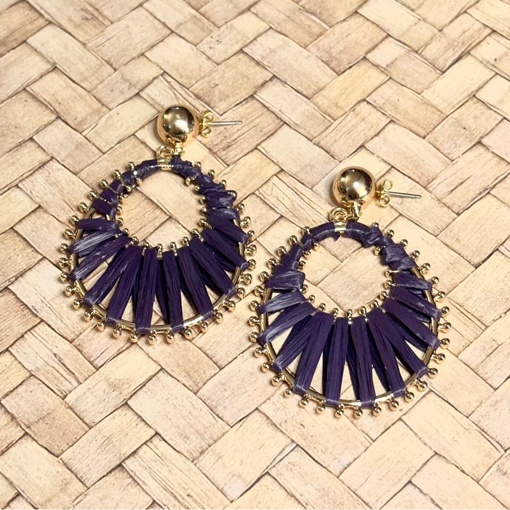 Gold Plated Sterling Silver Purple Straw Strapped Tear Drop Shape Earrings!